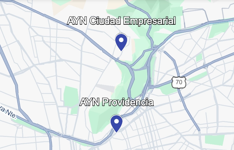 Mapa de las oficinas AYN en Providencia y Ciudad Empresarial